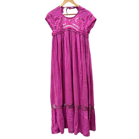 New Free People Cutwork Boho Maxi T-Shirt Dress $198 SMALL Open-Back Violet - Picture 5 of 7